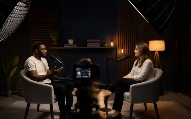 Studio Vodcast : professionnels en situation illustrant studio de tournage